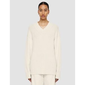 JOSEPH Linen Blend V neck Sweater Women Small Cream Rib Long Sleeve Cozy Luxury